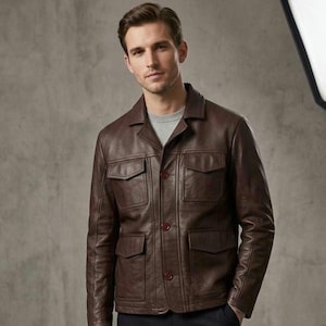 Men's Brown Genuine Leather Field Jacket, Vintage Utility Coat, Casual Winter Style