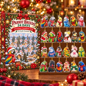 Puede incluir: Un calendario de adviento navideño titulado Parrot Breeds 24 Days Christmas Countdown 2026 con una escena de pueblo nevado y 24 adornos acrílicos de loros, cada uno con accesorios festivos de invierno como bufandas y gorros de Papá Noel.