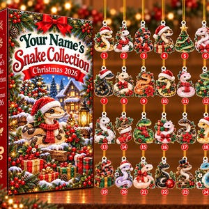 May include: A collection of twenty-four hanging Christmas ornaments featuring various snake illustrations, each adorned with festive elements like Santa hats, scarves, and holly. The set includes a display box labeled Your Name's Snake Collection Christmas 2026.