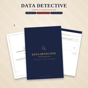 以下が含まれることがあります： 「Data Detective: A Statistics & Averages Escape Room」と題された印刷可能なPDF脱出ゲームアクティビティ。金色の虫眼鏡アイコンが描かれた濃紺の表紙、修了証、数学のワークシートページが含まれています。