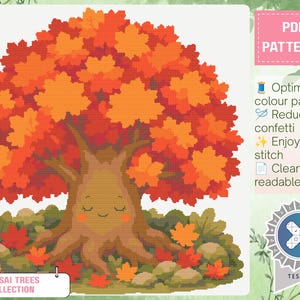 May include: A cross-stitch pattern featuring a brown tree with a face and vibrant orange and red autumn leaves. The tree sits on a green ground with scattered fallen leaves. Text includes PDF PATTERNS, BONSAI TREES COLLECTION, and TESTED.