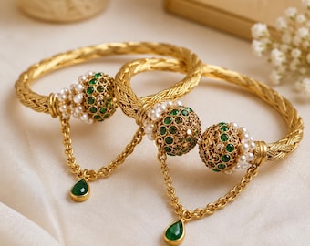 Gold Tone Emerald Pearl Bangles | Statement Wedding Jewelry Pair