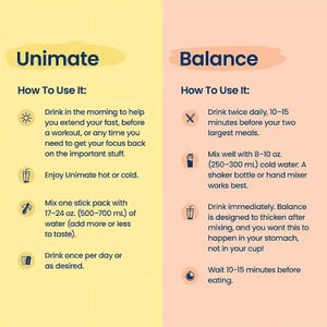 May include: An informational graphic with a yellow left side titled Unimate and a peach right side titled Balance. It lists usage instructions for both products, including mixing ratios of 17-24 oz. of water for Unimate and 8-10 oz. of water for Balance.