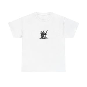 May include: A white short-sleeved t-shirt featuring a small, centered black and white graphic illustration of a German Shepherd dog in a crouching position. The design is positioned on the chest area of the plain white cotton fabric.