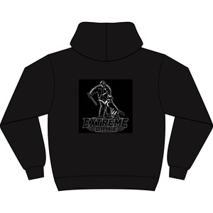 May include: A black hooded sweatshirt featuring a white graphic on the back. The design depicts a person in protective gear interacting with a dog, accompanied by the text "EXTREME DRIVE" in a bold, stylized font centered below the illustration.