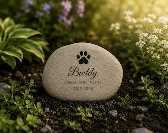 Personalized Pet Memorial Garden Stone, Surface Laser Engraved and Black Paint-Filled Natural Pebble