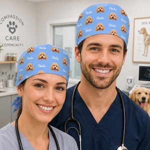May include: A light blue scrub cap featuring a repeating pattern of a golden-coloured dog face and the name Charlie printed in white script. The fabric cap has a tie-back closure and is designed for medical professionals in a clinical setting.