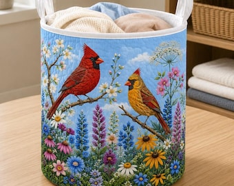 Cesta de ropa acolchada con cardenales, contenedor de almacenamiento con cardenales rojos, contenedor de almacenamiento con flores y estrellas, cesto redondo floral con pájaros cardenales, cesto de tela con pájaros