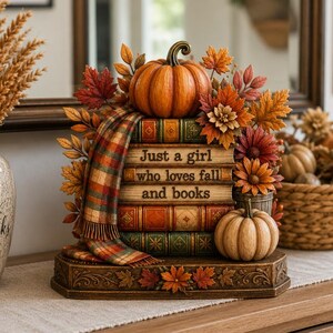 Peut inclure: Un ornement de table décoratif représentant une pile de livres avec le texte Just a girl who loves fall and books, orné d'une citrouille orange, d'une écharpe à carreaux et de feuilles d'automne colorées sur une base rectangulaire sculptée.