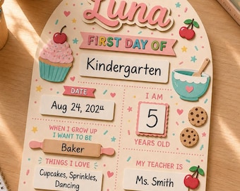 Baker Wood Sign, Custom Cupcake First Day Of Sign, Personalized Baker Girl Milestone Prop, Back To School Board, First Day Of School Board