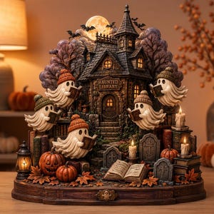 May include: A decorative Haunted Library sculpture featuring a dark house with a sign, four ghosts wearing knit hats and reading books, pumpkins, tombstones, and lit candles. The scene includes bats, an open book, and autumn leaves on a base.