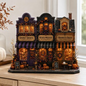 Könnte beinhalten: Ein beleuchtetes Halloween-Dorf-Display mit drei Stockwerken, bestehend aus Spooky Sweets, Wicked Wreaths und The Broomstick Bakery. Die Struktur umfasst detaillierte Ladenfronten mit gestreiften Markisen, Miniaturkürbissen, Kränzen und Schildern mit der Aufschrift Trick or Treat und Eat, Drink & Be Scary, die alle in warmem Licht erstrahlen.