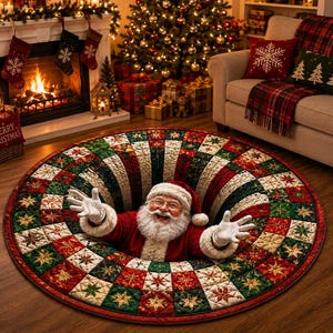 May include: A round Christmas tree skirt featuring a 3D optical illusion of a deep hole in the center. The design has a red and green quilted patchwork pattern with gold star accents. Santa Claus is depicted emerging from the center hole.