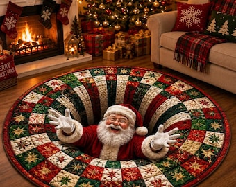 3D Santa Claus Vortex Christmas Rug, Round Optical Illusion Area Rug, Santa Floor Mat, Holiday Living Room Decor, Christmas Gifts