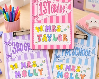 Teacher Pennants Flag Teacher Acrylic Clipboard, Personalized Name Teacher Clipboard, Custom Striped Acrylic Clipboard With Teacher Name