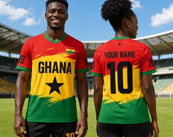 Ghana fotbollströja, anpassad fotbollströja med namn och nummer, unisex tröja med personligt nummer från Ghana, Ghana fotbollslagströja med personligt nummer, gåvor