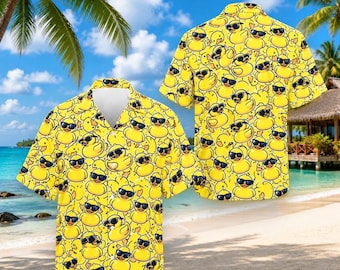 Gelbe Ente Tropisches Hawaiihemd, Ente Hawaii Unisex Shorts, Tier Sommer Strand Knopfhemd, Tropischer Vogel Aloha Tee