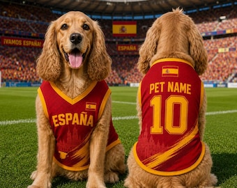 Anpassad Spanien fotbollströja för husdjur, personlig Spanien fotbollströja för husdjur, namnnummer husdjursfotbollströja, fotbollsoutfit för hundar och katter