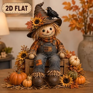 May include: A scarecrow figurine wearing a dark brown hat with a black bird, sunflowers, and autumn leaves. It has a plaid shirt, denim overalls with patches, and straw accents. The figure sits on a wooden crate surrounded by pumpkins and sunflowers.