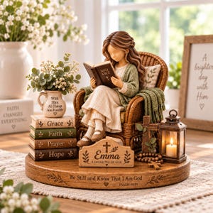 May include: A figurine of a person with long brown hair sitting in a wicker chair reading a Holy Bible. The base features the text 'Be Still and Know That I Am God' and a plaque reading 'Emma A Daughter of God' next to books labeled Grace, Faith, Prayer, and Hope.