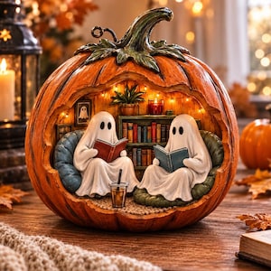 Citrouille fantôme en bois, bloc 2D, décoration d'Halloween sur le thème des livres, cadeau effrayant pour les amoureux des livres, décoration automnale chaleureuse, décoration de bibliothèque hantée