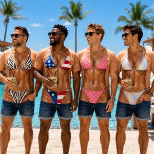 Może przedstawiać: Cztery osoby ubrane w beżowe koszulki z nadrukiem gór i dołów od bikini, w połączeniu z niebieskimi szortami dżinsowymi i okularami przeciwsłonecznymi. Wzory obejmują paski zebry, flagę USA, różową szachownicę oraz metaliczne, opalizujące wykończenie.