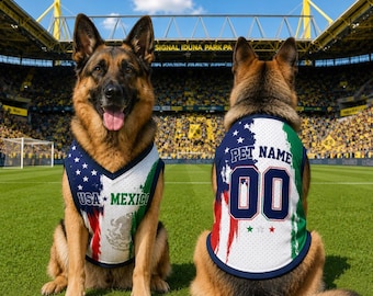Personlig halv USA halv Mexiko husdjursfotbollströja, husdjursfotbollströja med namnnummer, anpassad mexikansk-amerikansk hundtröja