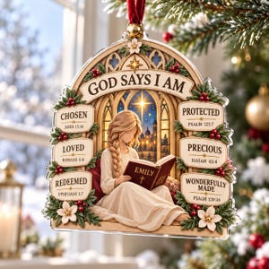 Puede incluir: Un adorno navideño decorativo con una ilustración central de una persona leyendo un libro etiquetado como Emily. El marco arqueado muestra el texto God Says I Am, rodeado de acebo, bayas y seis placas con referencias bíblicas.