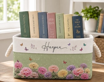 Custom Birth Flower Basket, Personalized Canvas Book Storage Bin, Floral Name Hamper, Friendship Gift For Her, New Home Present