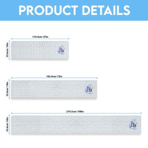 Może przedstawiać: Trzy prostokątne bieżniki na st&oacute;ł z jasnoszarym wzorem i małym niebieskim logo z napisem Your Design Here. Wymiary to 35,6 cm na 119,4 cm, 35,6 cm na 182,9 cm oraz 35,6 cm na 274,3 cm, zgodnie z informacjami na etykietach.