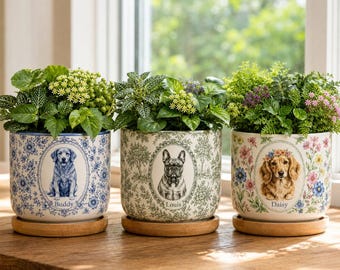 Może przedstawiać: Trzy cylindryczne ceramiczne doniczki z drewnianymi podstawkami, każda z unikalnym portretem psa i imieniem. Lewa doniczka jest niebiesko-biała z golden retrieverem o imieniu Buddy. Środkowa jest zielona z buldogiem francuskim o imieniu Louis. Prawa jest kwiatowa z jamnikiem o imieniu Daisy.
