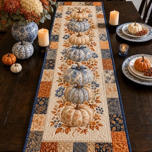 May include: A rectangular quilted table runner featuring a central row of six fabric pumpkins in varying blue, white, and orange floral patterns, surrounded by a border of alternating navy blue and orange patchwork squares with intricate stitching.