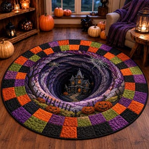 Puede incluir: Una alfombra redonda con una ilusión óptica en 3D de un vórtice púrpura profundo que conduce a una casa encantada. El borde consiste en un patrón de cuadros en naranja, verde y morado. El diseño incluye telarañas y calabazas.