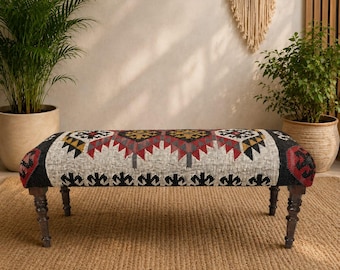 Multicolor Wool Jute Kilim Bench, Kilim Ottoman, Sitting Bench, Handmade Furniture, Piano Bench, Hallway Bench, Ottoman Bench, Bedroom Bench