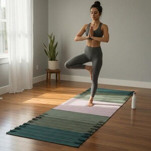 May include: A rectangular yoga mat featuring a color-blocked design with horizontal stripes in shades of dark teal, forest green, and a soft pale pink. The mat has a woven texture with small decorative tassels along the two shorter edges.