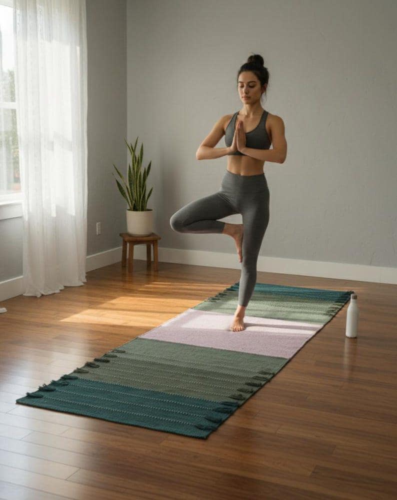 May include: A rectangular yoga mat featuring a color-blocked design with horizontal stripes in shades of dark teal, forest green, and a soft pale pink. The mat has a woven texture with small decorative tassels along the two shorter edges.