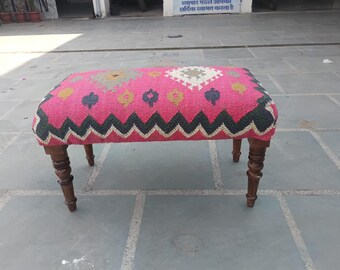 Kilim Rug Bench: Handmade Aztec Ottoman Footstool