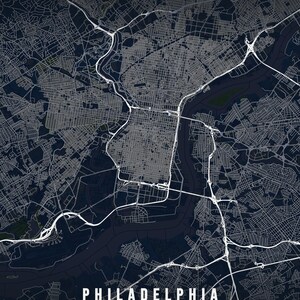 May include: A dark navy blue map print of Philadelphia, United States, featuring white street grids and highway lines. The text reads PHILADELPHIA, UNITED STATES, 39.9330 N / 75.1644 W, TERRAINK.APP, and OPENSTREETMAP CONTRIBUTORS at the bottom.