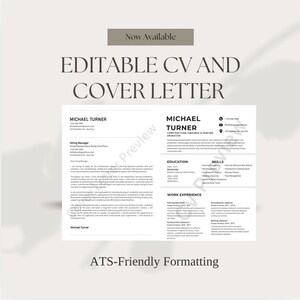 Puede incluir: Una plantilla editable de CV y carta de presentación con texto negro sobre fondo blanco. El documento incluye secciones para información de contacto, educación, habilidades y experiencia laboral de Michael Turner.