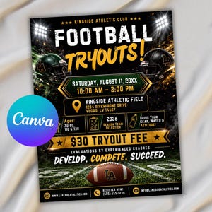 Editable Football Tryouts Flyer Template | Team Registration Sign-Up Poster | Canva Sports Tryout Printable