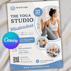 May include: A promotional flyer for The Yoga Studio Masterclass featuring a blue and white color scheme. It includes text details, a QR code, and circular images of a person practicing yoga, a water bottle, a yoga mat, and a group yoga session.