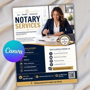 May include: A professional notary services flyer featuring dark blue and gold text. The document lists services like affidavits and power of attorney, includes a certified and trusted seal, contact information, and a QR code on a white background.