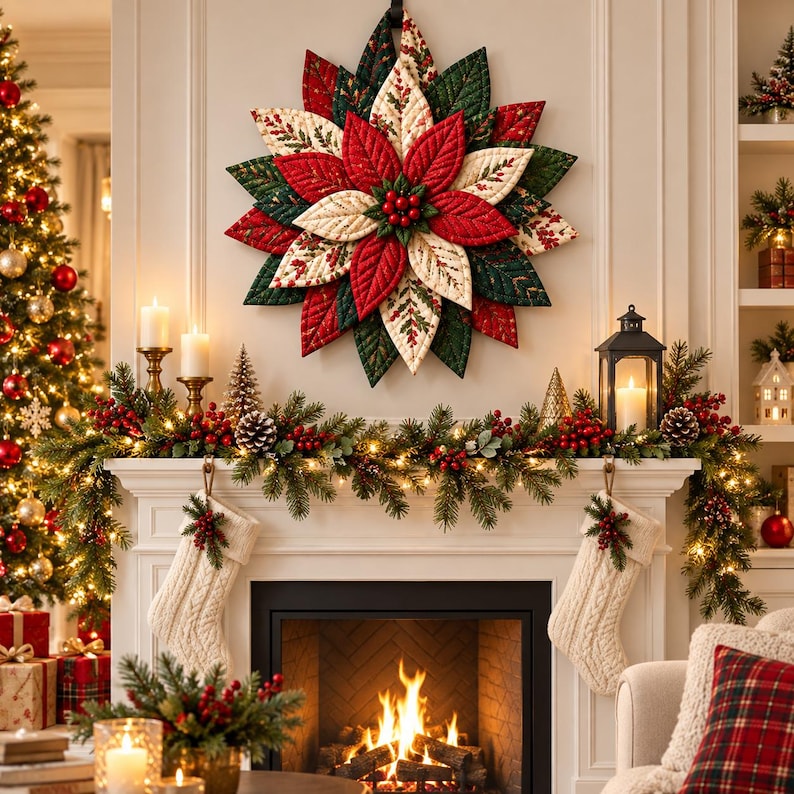 Quilted Christmas Poinsettia Wreath Pattern PDF, 3D Fabric Door Wreath ...