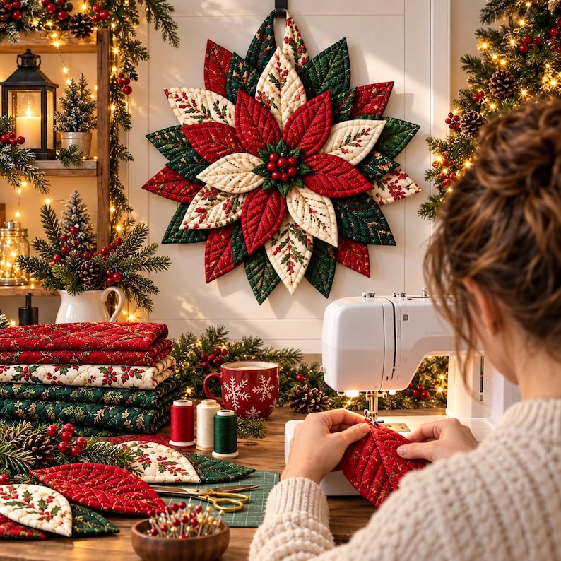 Quilted Christmas Poinsettia Wreath Pattern PDF, 3D Fabric Door Wreath ...