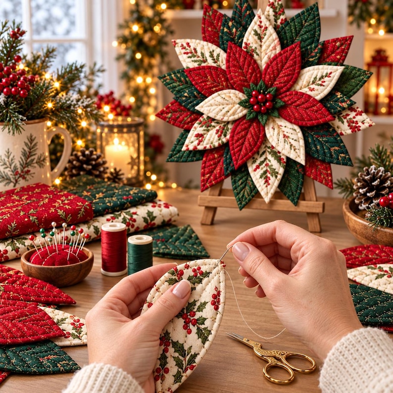 Quilted Christmas Poinsettia Wreath Pattern PDF, 3D Fabric Door Wreath ...