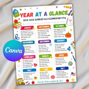 Pode incluir: Um calendário Year at a Glance para a Sunrise Hills Elementary PTA com uma grade dos meses de agosto a julho. O documento inclui ilustrações coloridas com temas escolares, como uma mochila, livros, uma abóbora e um ônibus escolar com texto.