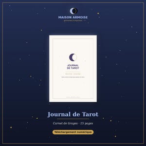 May include: A white rectangular tarot journal with a dark blue crescent moon icon and the text "JOURNAL DE TAROT" centered on the cover. The design includes small star accents against a dark blue background with the brand name Maison Armoise.