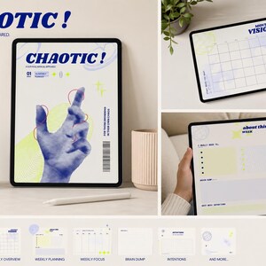 Peut inclure: Un agenda numérique intitulé CHAOTIC! A SURVIVAL MANUAL APPEARED. L'interface présente un graphique de main bleue, des accents jaunes et du texte incluant MONTHLY VISION et about this week. La mise en page comprend des grilles de calendrier non datées, des listes de tâches et des sections de planification pour le focus hebdomadaire, le brain dump et les intentions sur un écran de tablette.