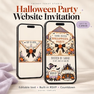 May include: Two smartphones displaying a digital Halloween party invitation template. The screens show an envelope graphic with a black bow, a pumpkin wax seal, and text including You're Invited Halloween Party, Hosted by Sarah, 31 Oct, 2027, and RSVP.