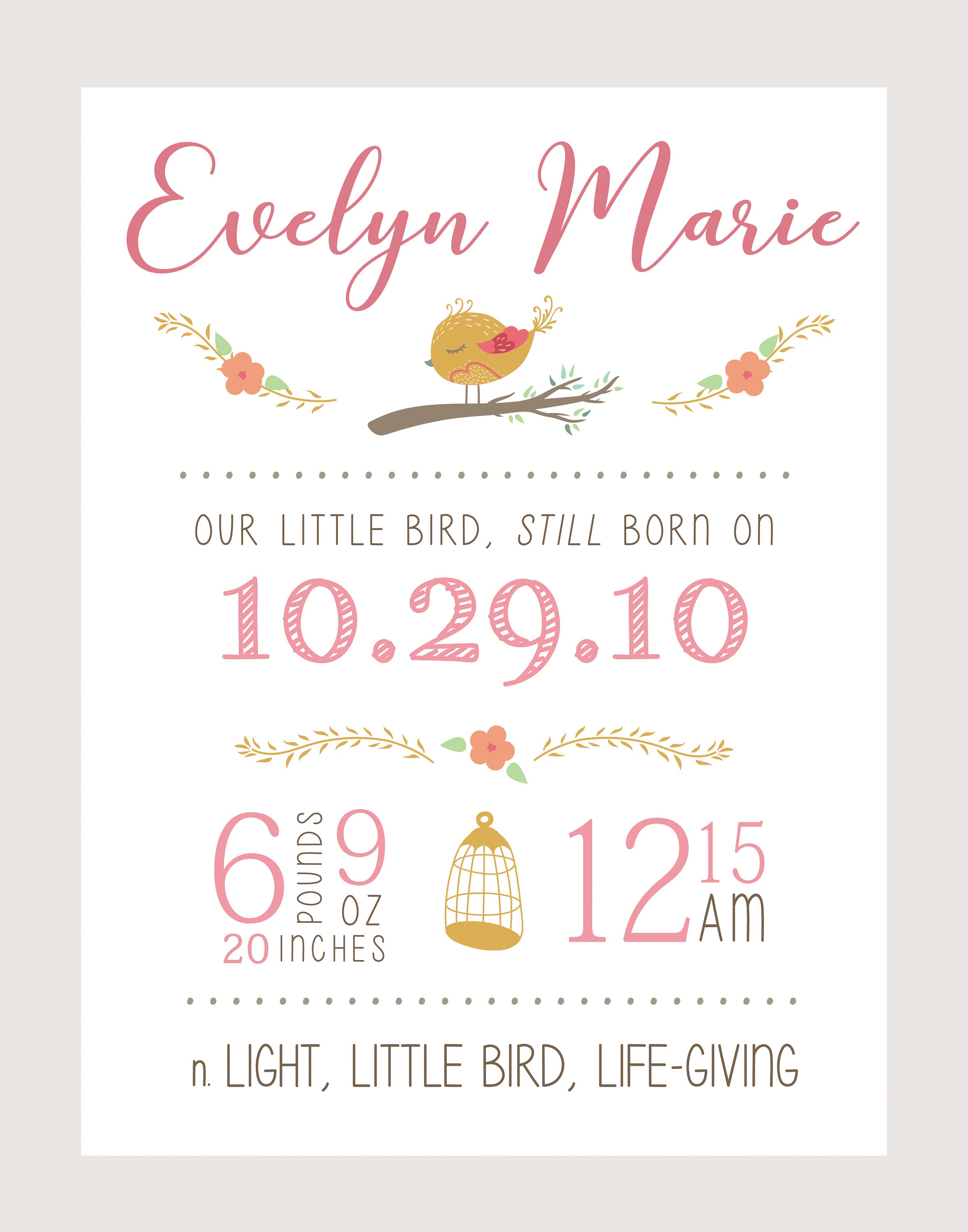 Stillborn Name Art Digital FileLittle Bird Girl DesignPink Etsy